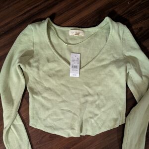 La Hearts Women's Light Green Ribbed V-Neck Long Sleeve Top